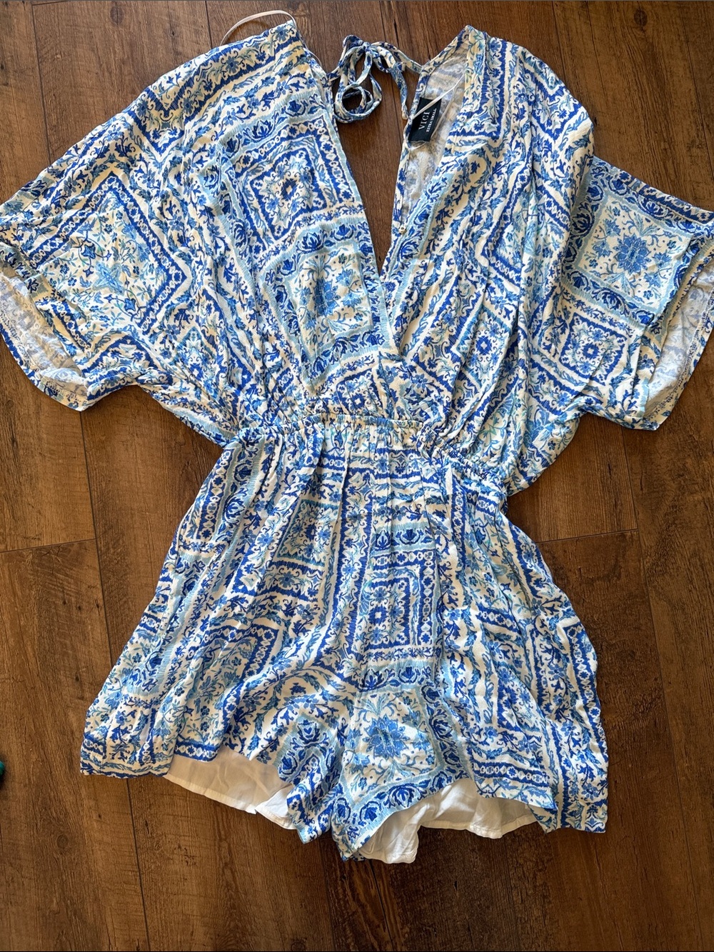 Vici Blue and White Printed V-Neck Romper